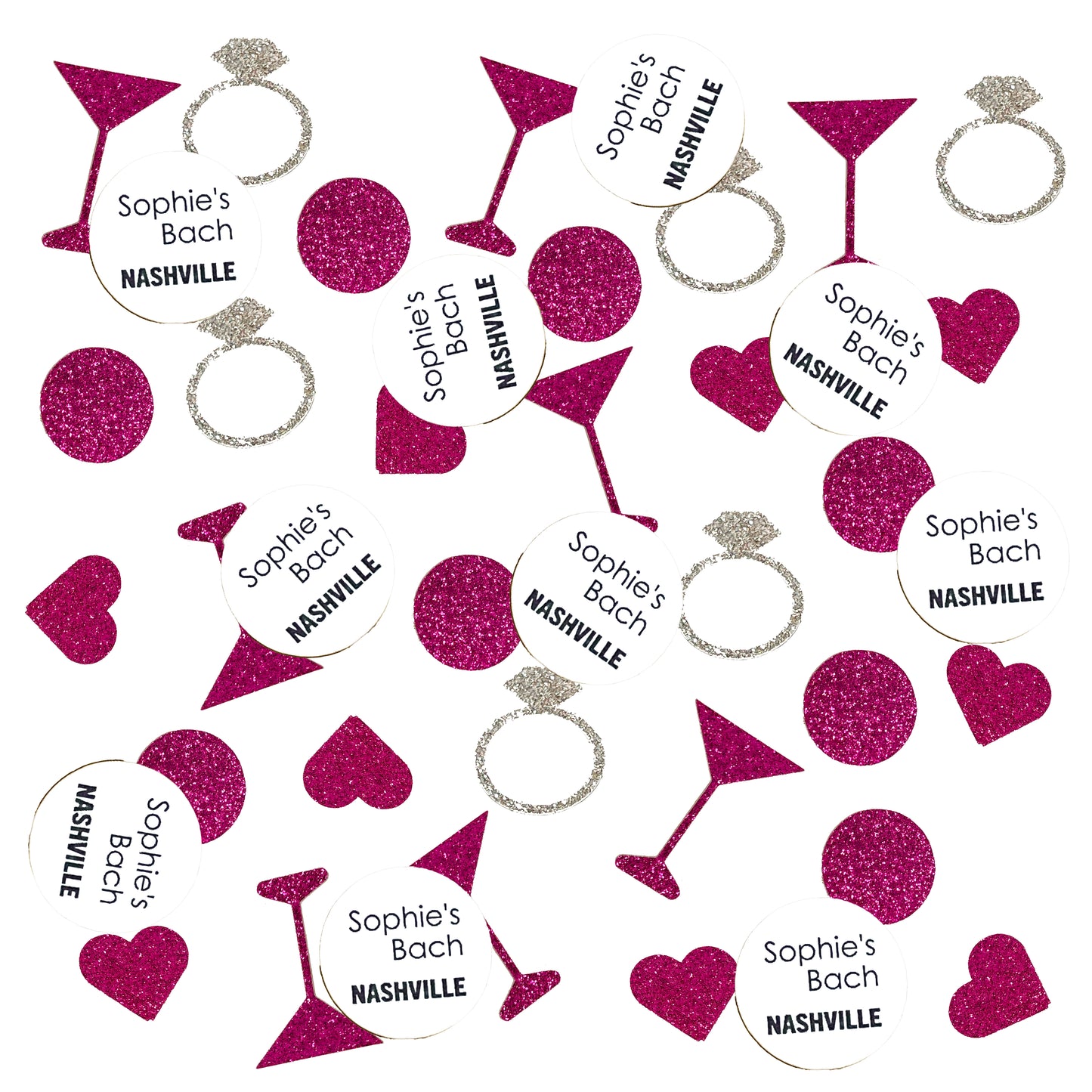 Custom Destination Bachelorette Confetti Set with Glitter Rings, Hearts and Martinis.(More Colors)