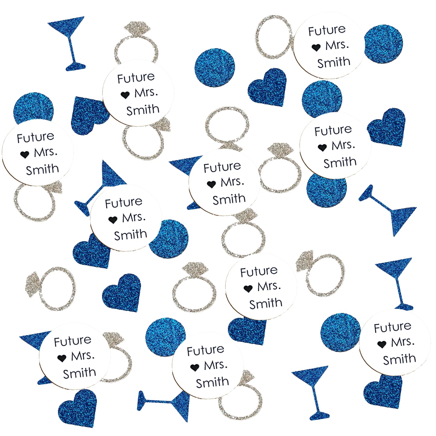 Custom Future Mrs. Confetti Set with Glitter Rings, Hearts and Martinis. (More Colors)