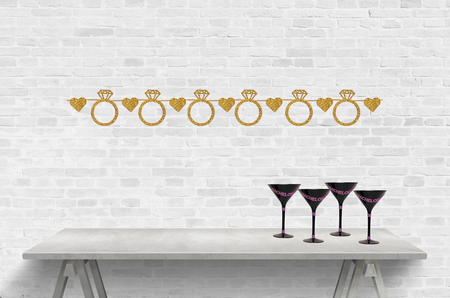 Glitter Diamond Rings and Hearts Bachelorette or Bridal Shower Banner.