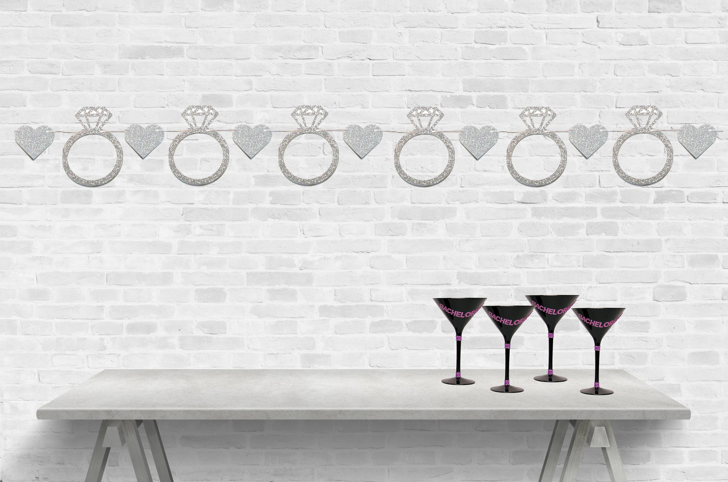 Glitter Diamond Rings and Hearts Bachelorette or Bridal Shower Banner.