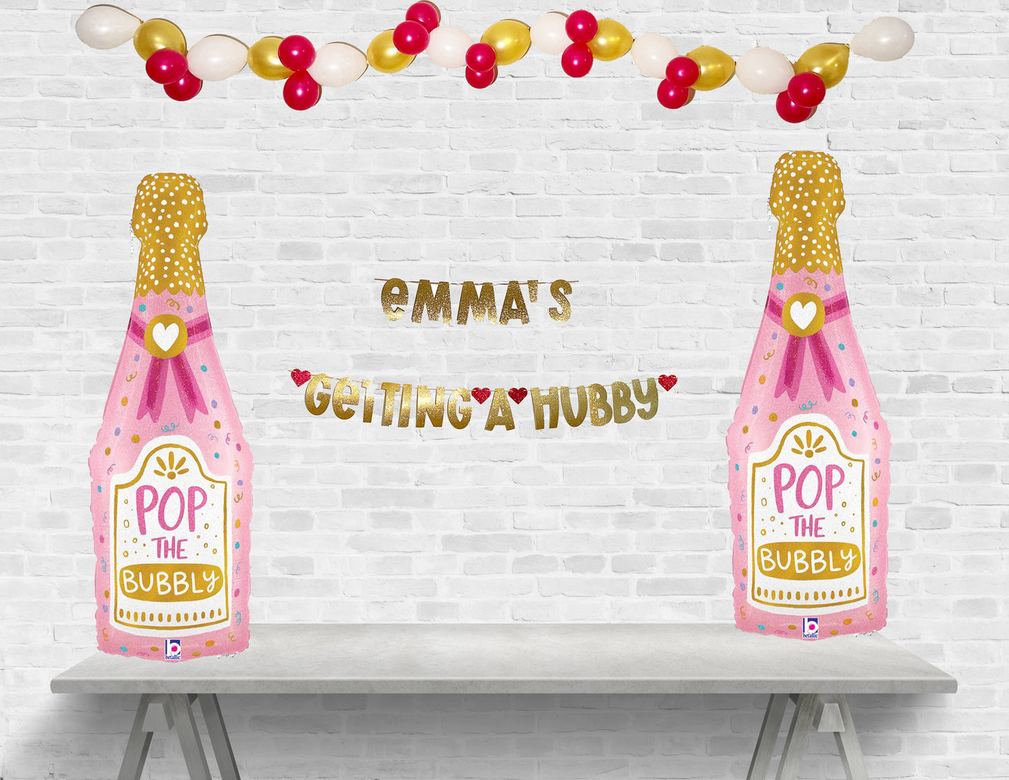 Pop the Bubbly She is Getting a Hubby Personalized Bachelorette or Bridal Shower Balloon and Banner Set