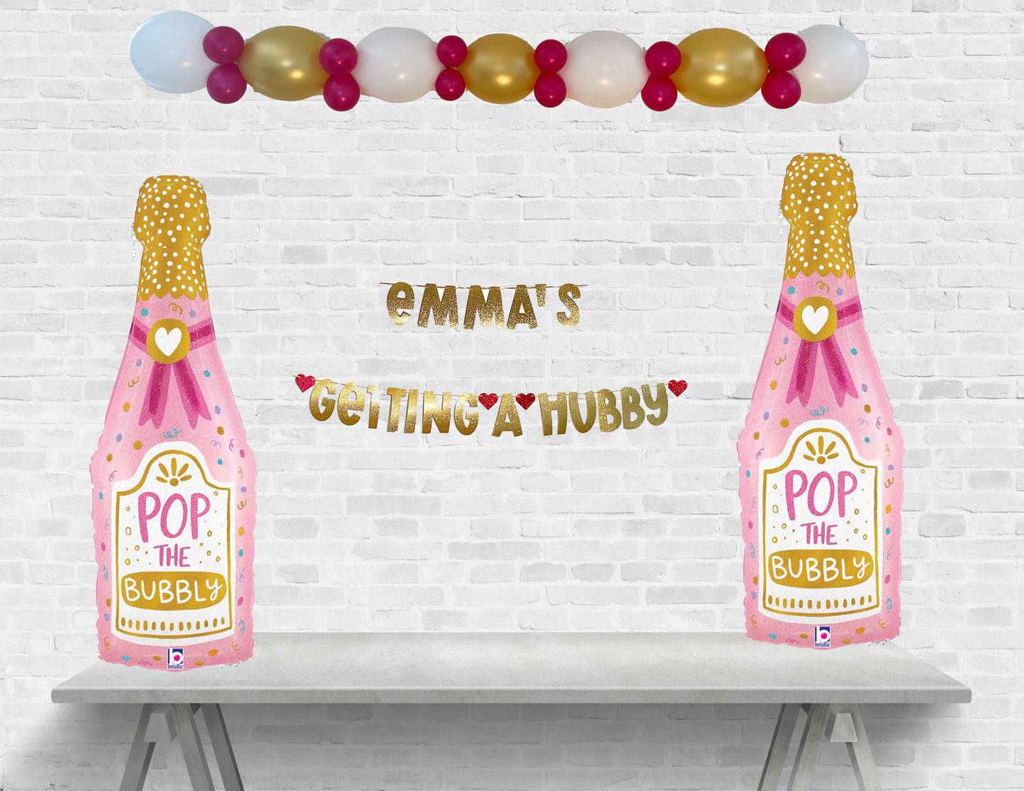 Pop the Bubbly She is Getting a Hubby Personalized Bachelorette or Bridal Shower Balloon and Banner Set