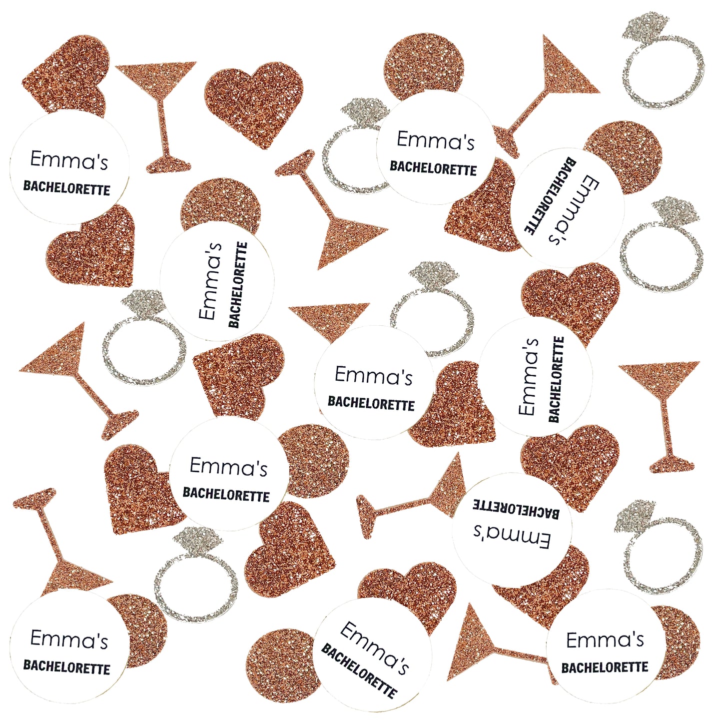 Personalized Bachelorette Confetti Set with Glitter Rings, Hearts and Martinis. (More Colors)