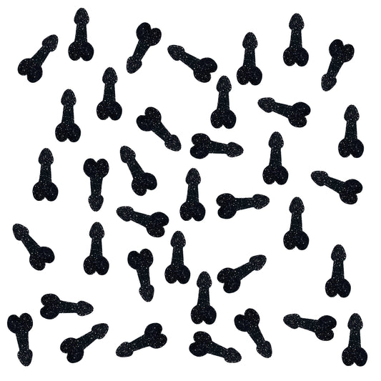 Pattern of black penis shaped confetti  on a white background