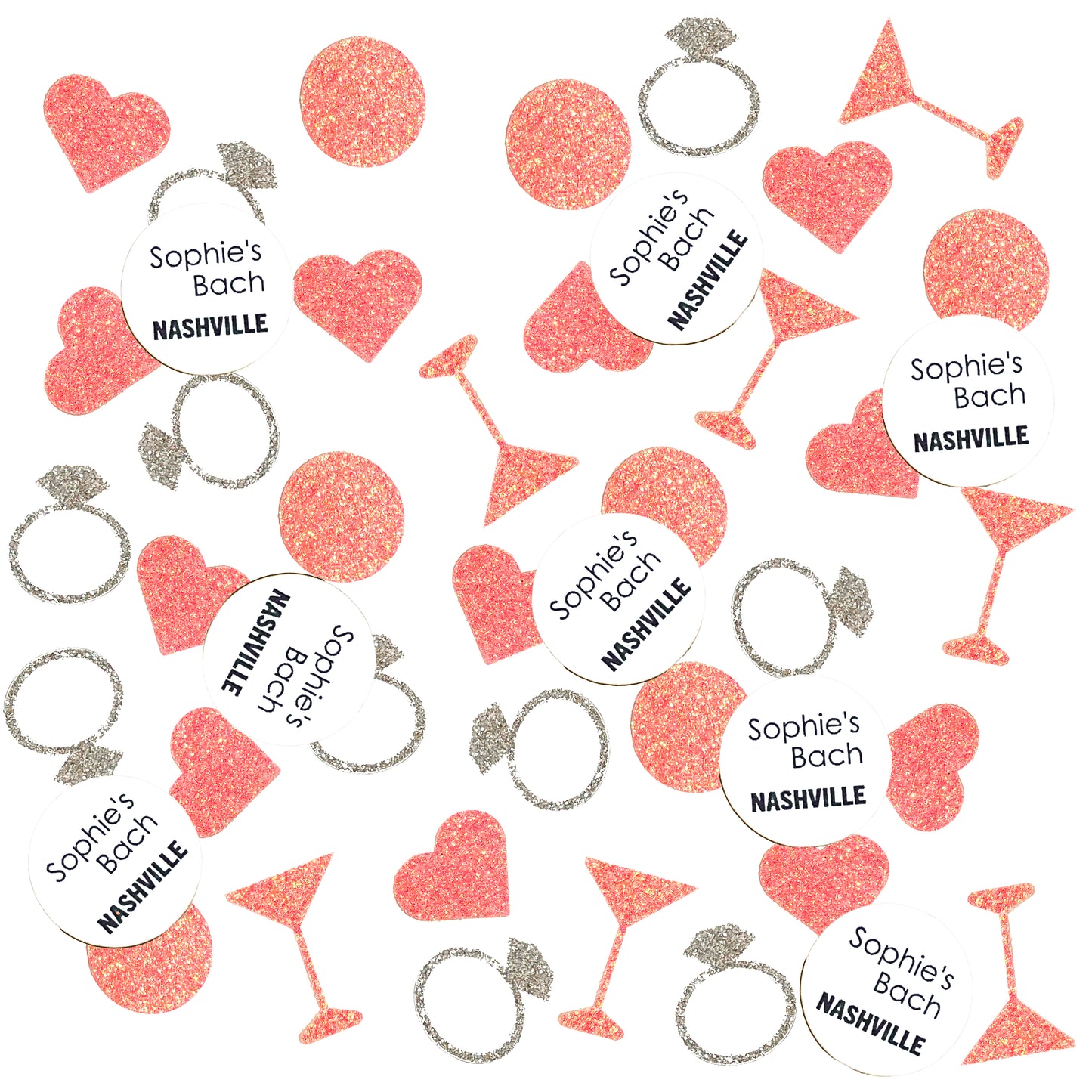 Custom Destination Bachelorette Confetti Set with Glitter Rings, Hearts and Martinis.(More Colors)