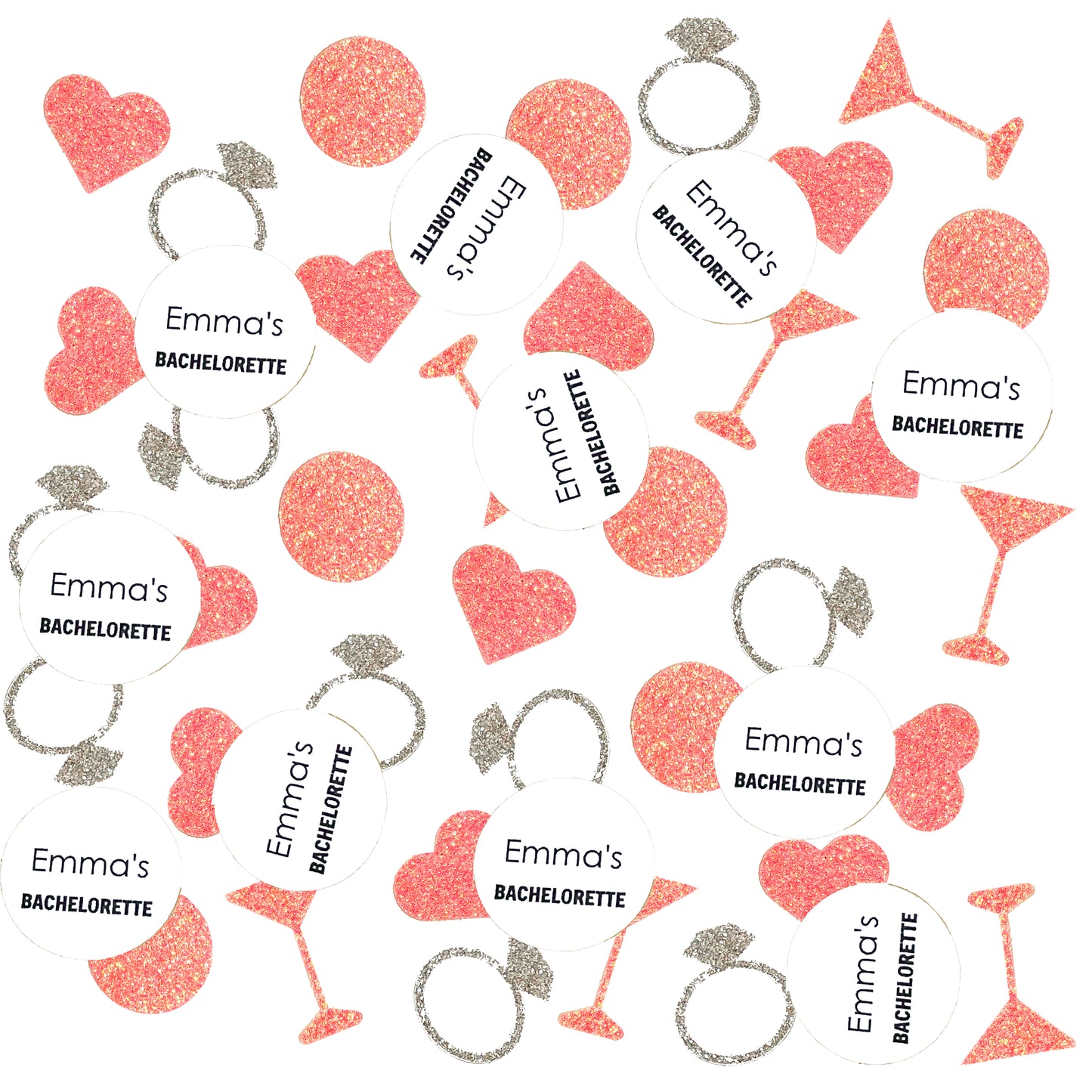 Personalized Bachelorette Confetti Set with Glitter Rings, Hearts and Martinis. (More Colors)