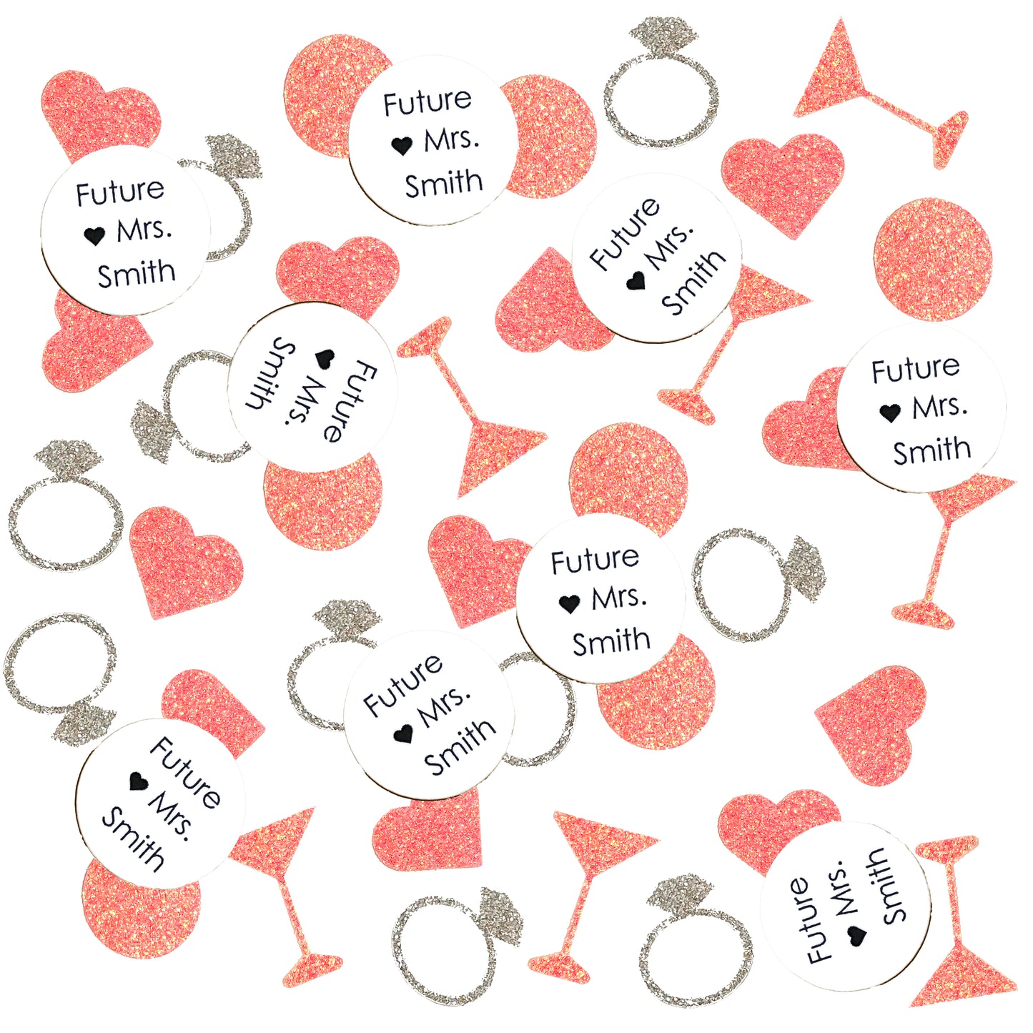 Custom Future Mrs. Confetti Set with Glitter Rings, Hearts and Martinis. (More Colors)