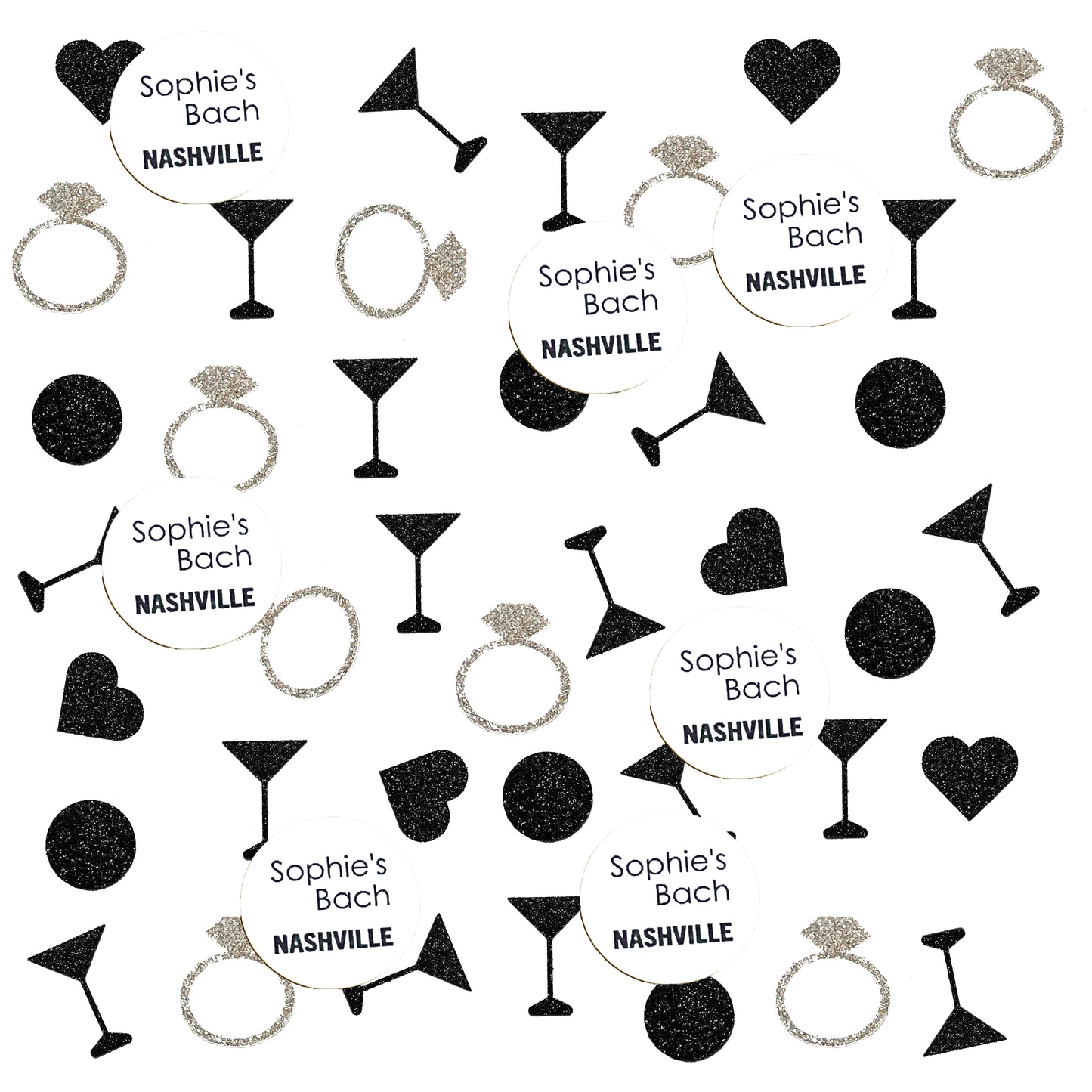 Custom Destination Bachelorette Confetti Set with Glitter Rings, Hearts and Martinis.(More Colors)