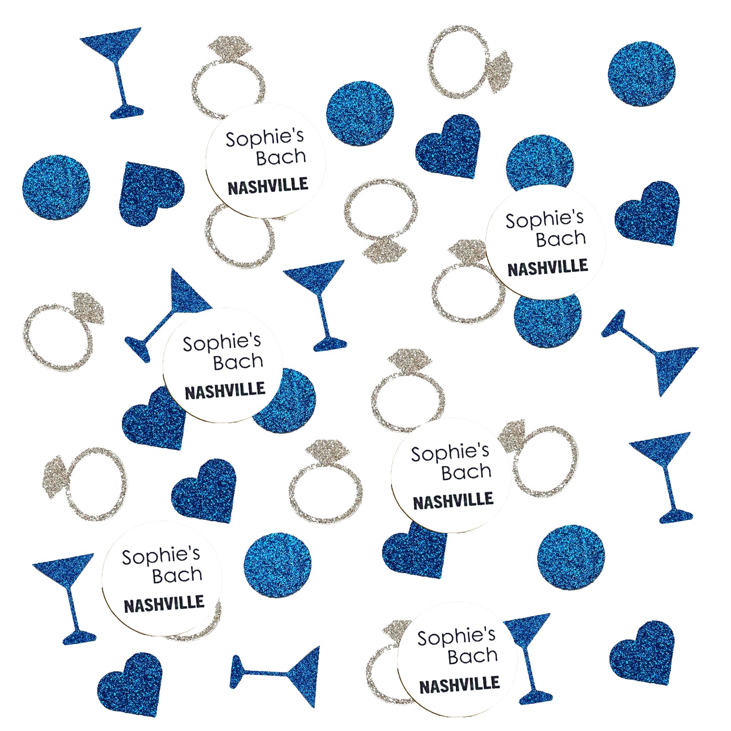 Custom Destination Bachelorette Confetti Set with Glitter Rings, Hearts and Martinis.(More Colors)