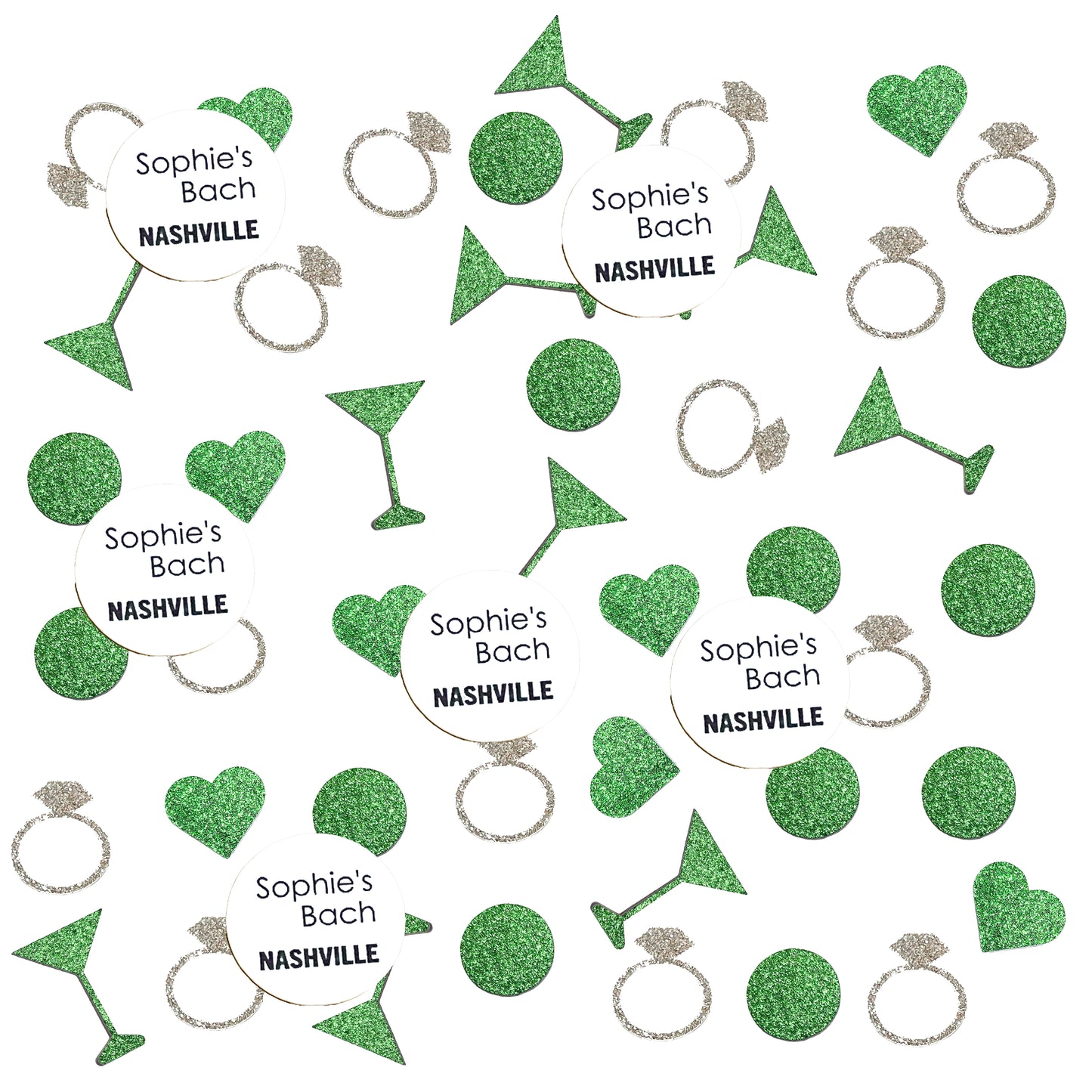 Custom Destination Bachelorette Confetti Set with Glitter Rings, Hearts and Martinis.(More Colors)