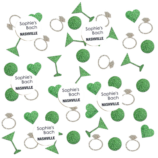 Custom Destination Bachelorette Confetti Set with Glitter Rings, Hearts and Martinis.(More Colors)