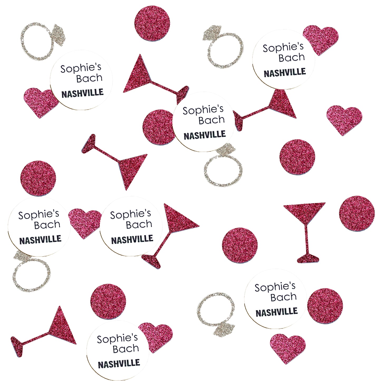 Custom Destination Bachelorette Confetti Set with Glitter Rings, Hearts and Martinis.(More Colors)