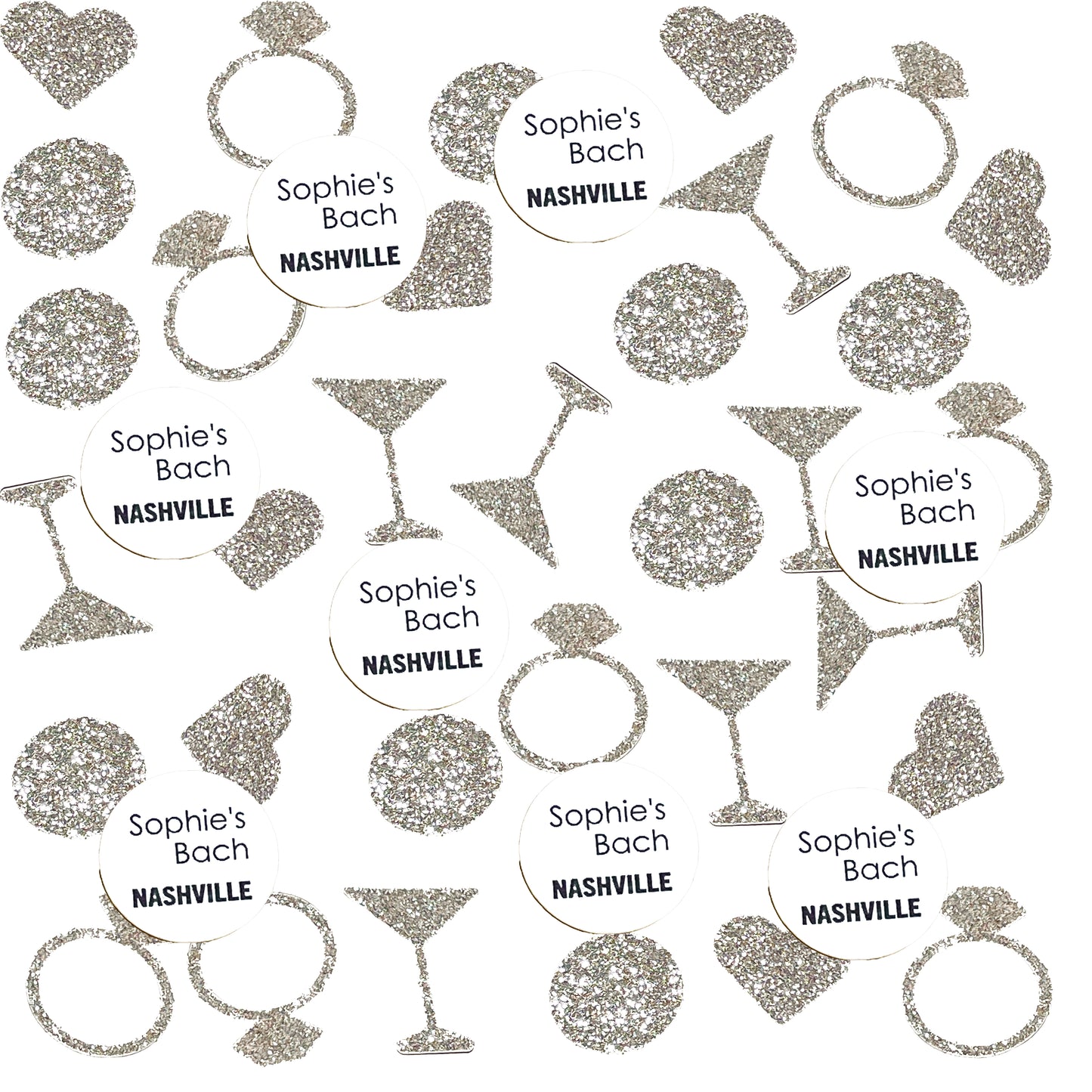 Custom Destination Bachelorette Confetti Set with Glitter Rings, Hearts and Martinis.(More Colors)