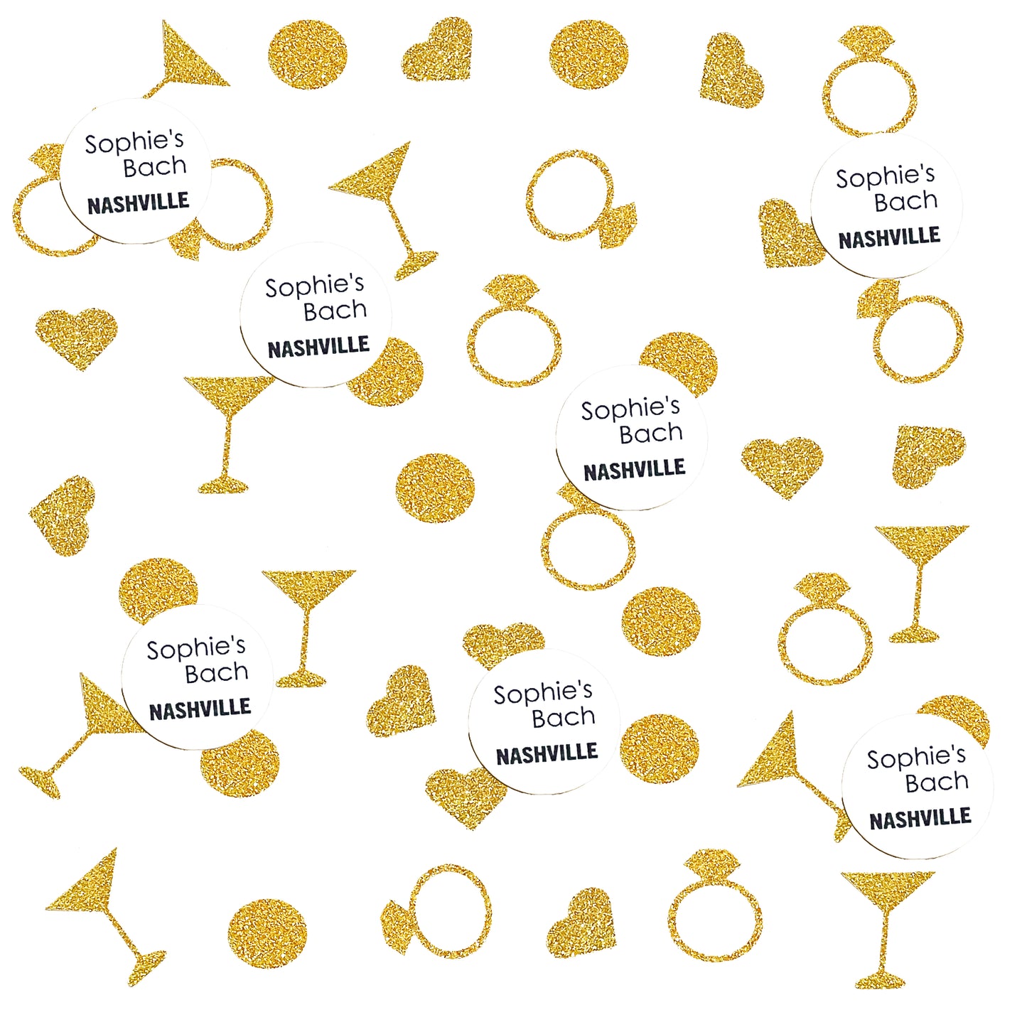 Custom Destination Bachelorette Confetti Set with Glitter Rings, Hearts and Martinis.(More Colors)