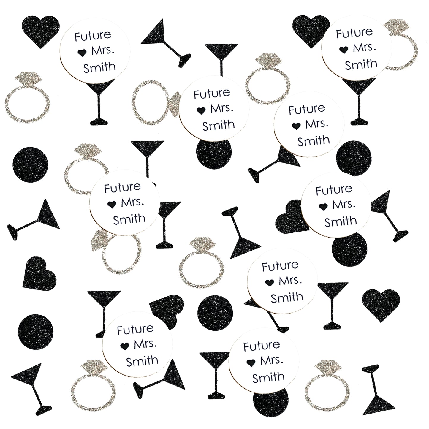 Custom Future Mrs. Confetti Set with Glitter Rings, Hearts and Martinis. (More Colors)