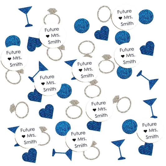 A collection of bachelorette party confetti pieces with glittered hearts, rings, and martinis, customized with the text 'Future Mrs. Smith'.