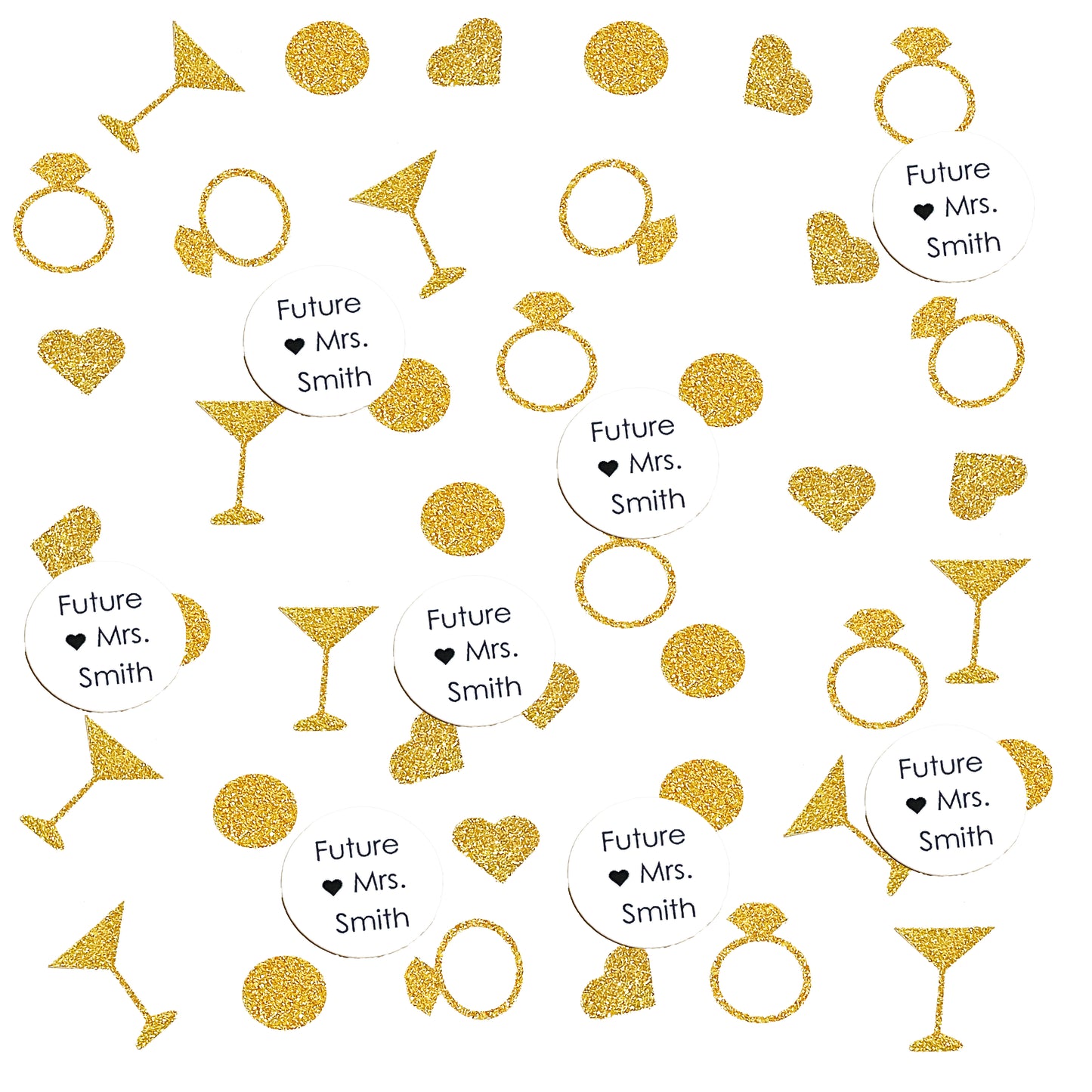 Custom Future Mrs. Confetti Set with Glitter Rings, Hearts and Martinis. (More Colors)