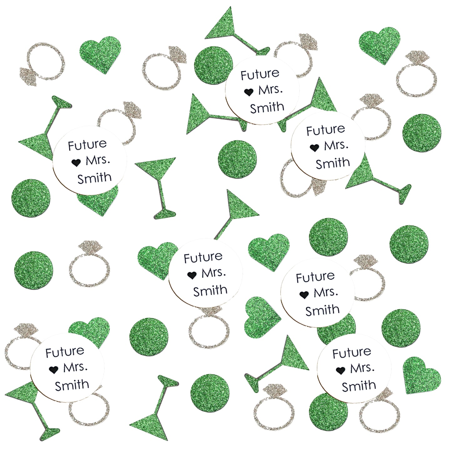 Custom Future Mrs. Confetti Set with Glitter Rings, Hearts and Martinis. (More Colors)