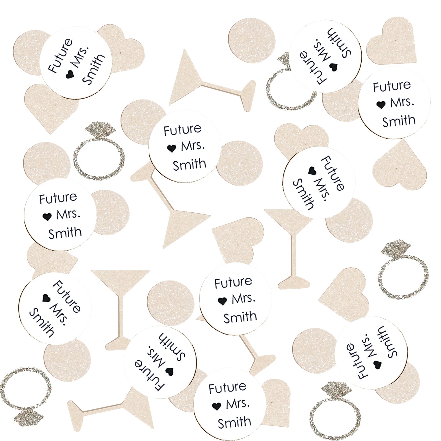 Custom Future Mrs. Confetti Set with Glitter Rings, Hearts and Martinis. (More Colors)