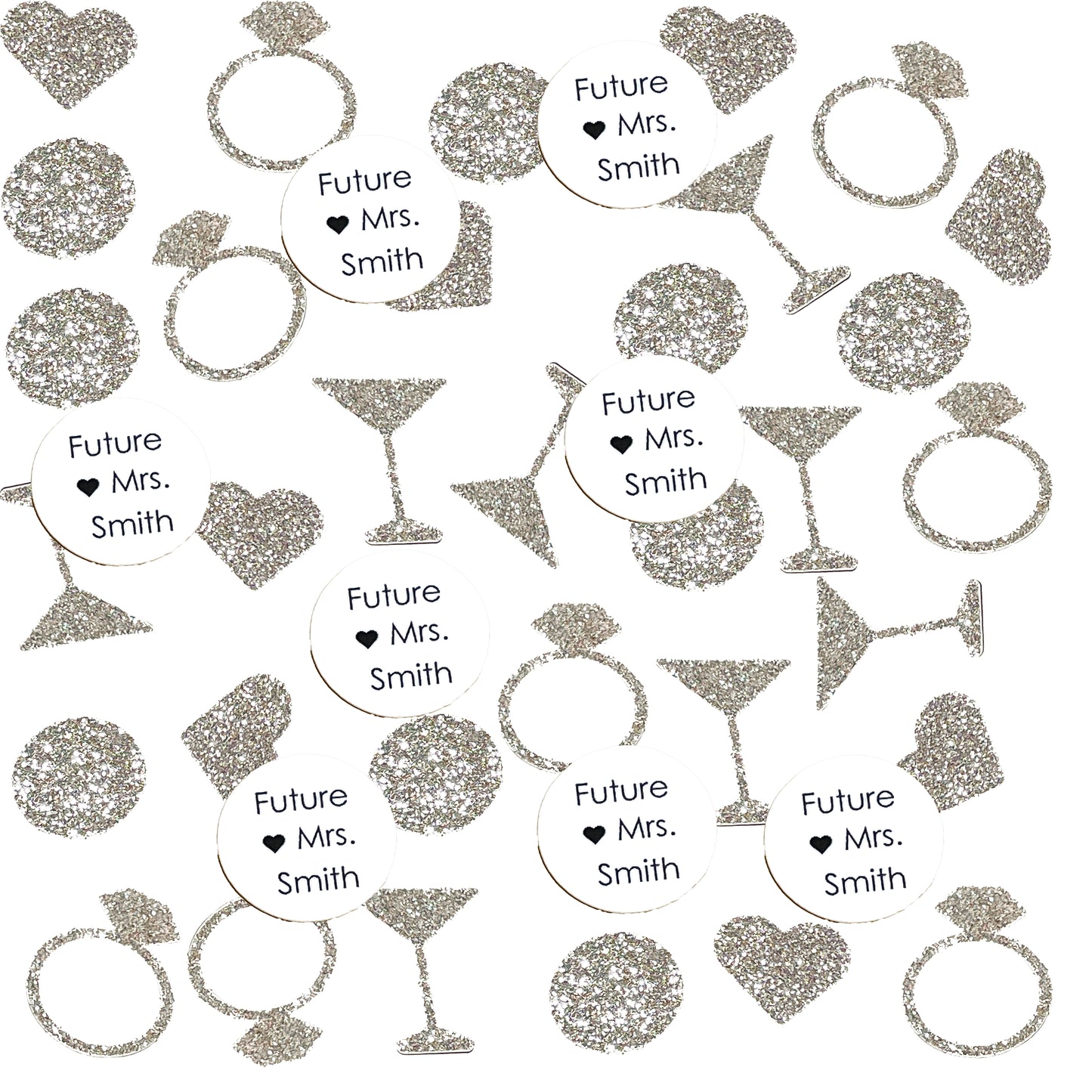 Custom Future Mrs. Confetti Set with Glitter Rings, Hearts and Martinis. (More Colors)