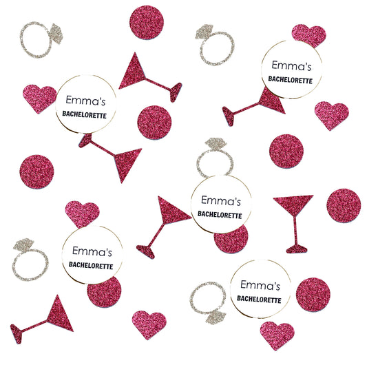 Custom Bachelorette Confetti Set with Glitter Rings, Hearts and Martinis. (More Colors)