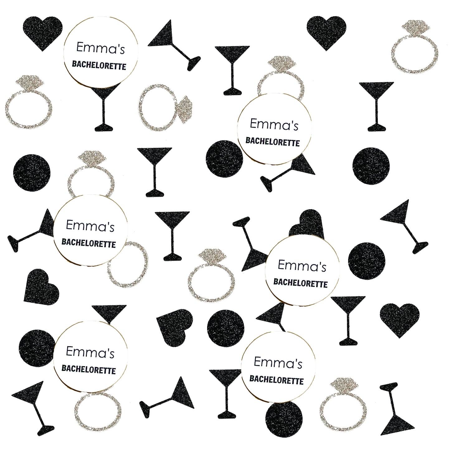 Custom Bachelorette Confetti Set with Glitter Rings, Hearts and Martinis. (More Colors)