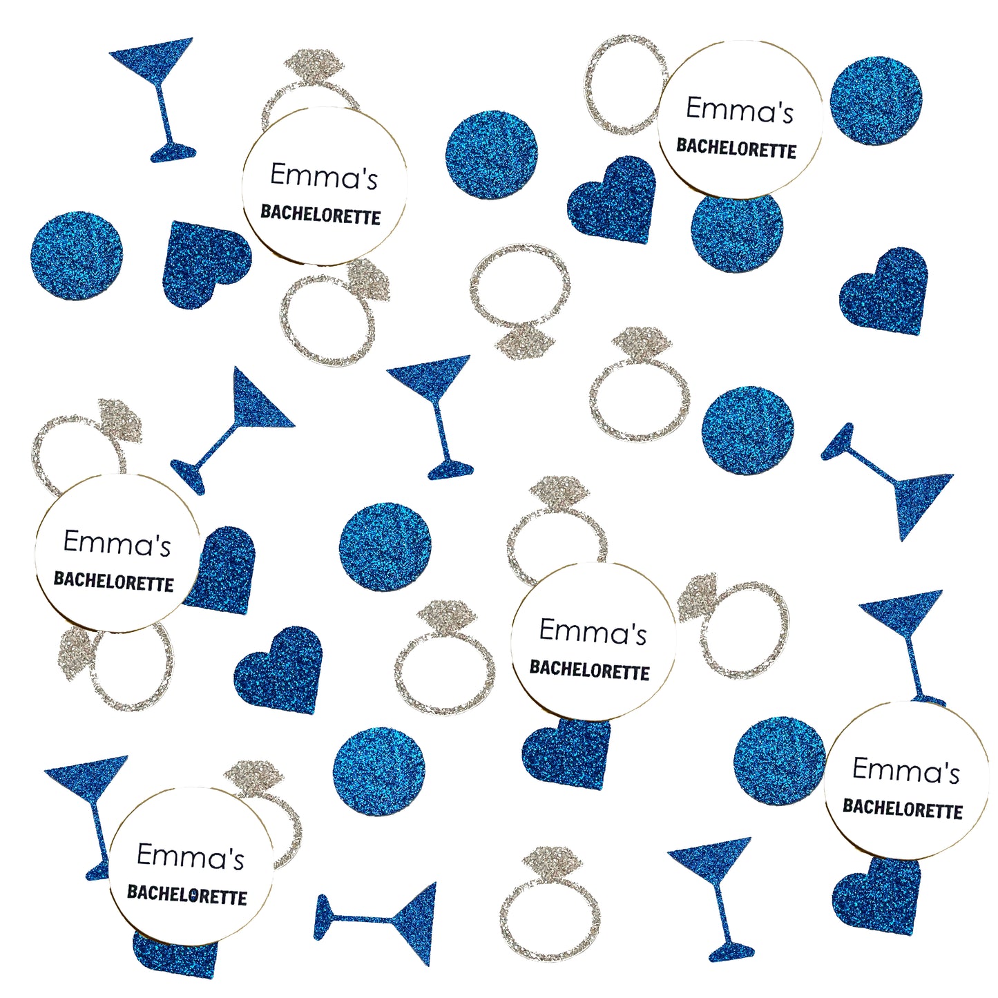 Custom Bachelorette Confetti Set with Glitter Rings, Hearts and Martinis. (More Colors)