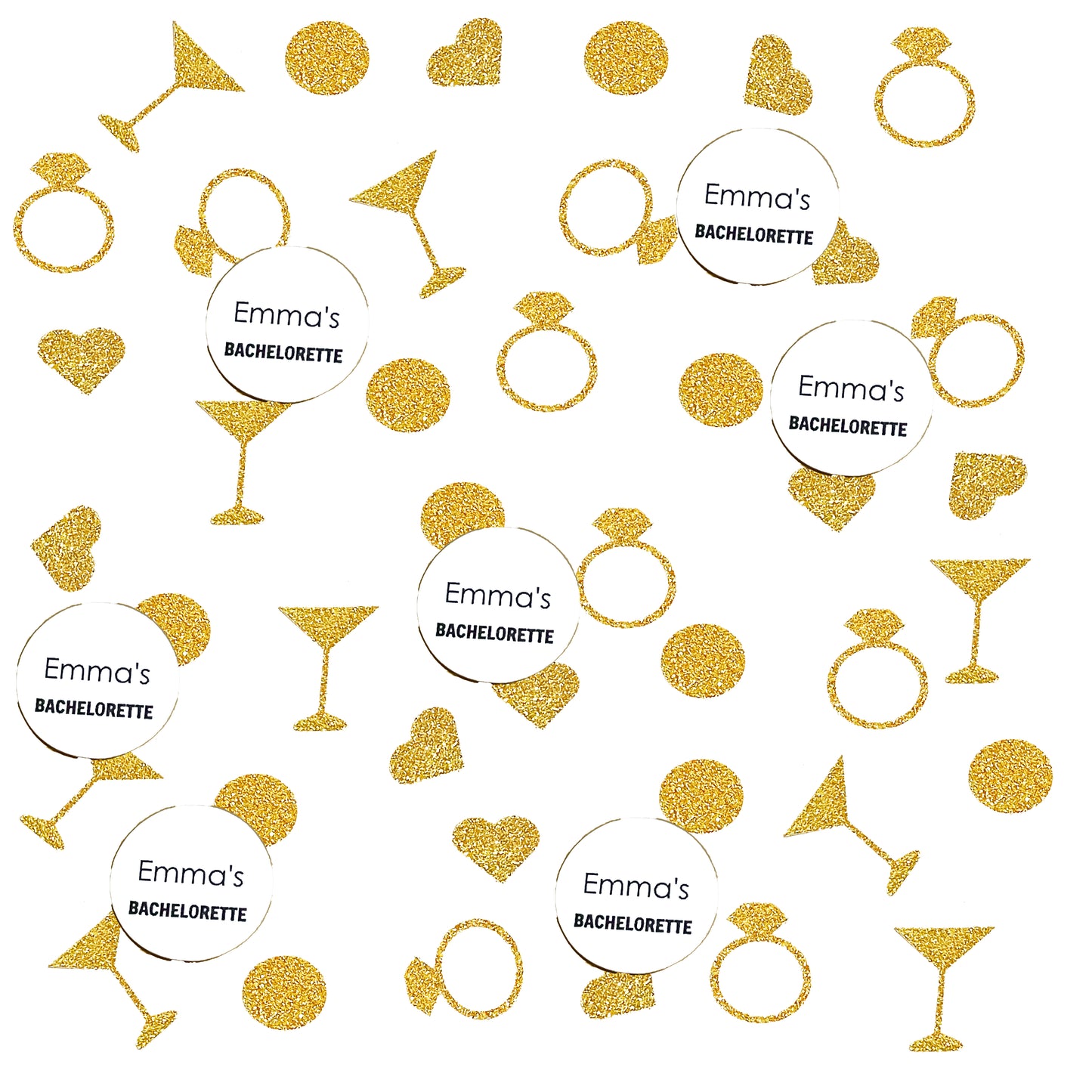 Custom Bachelorette Confetti Set with Glitter Rings, Hearts and Martinis. (More Colors)