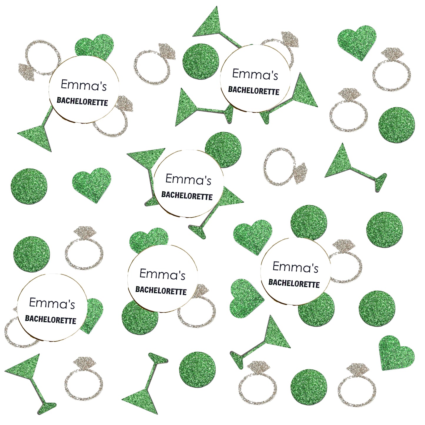 Custom Bachelorette Confetti Set with Glitter Rings, Hearts and Martinis. (More Colors)