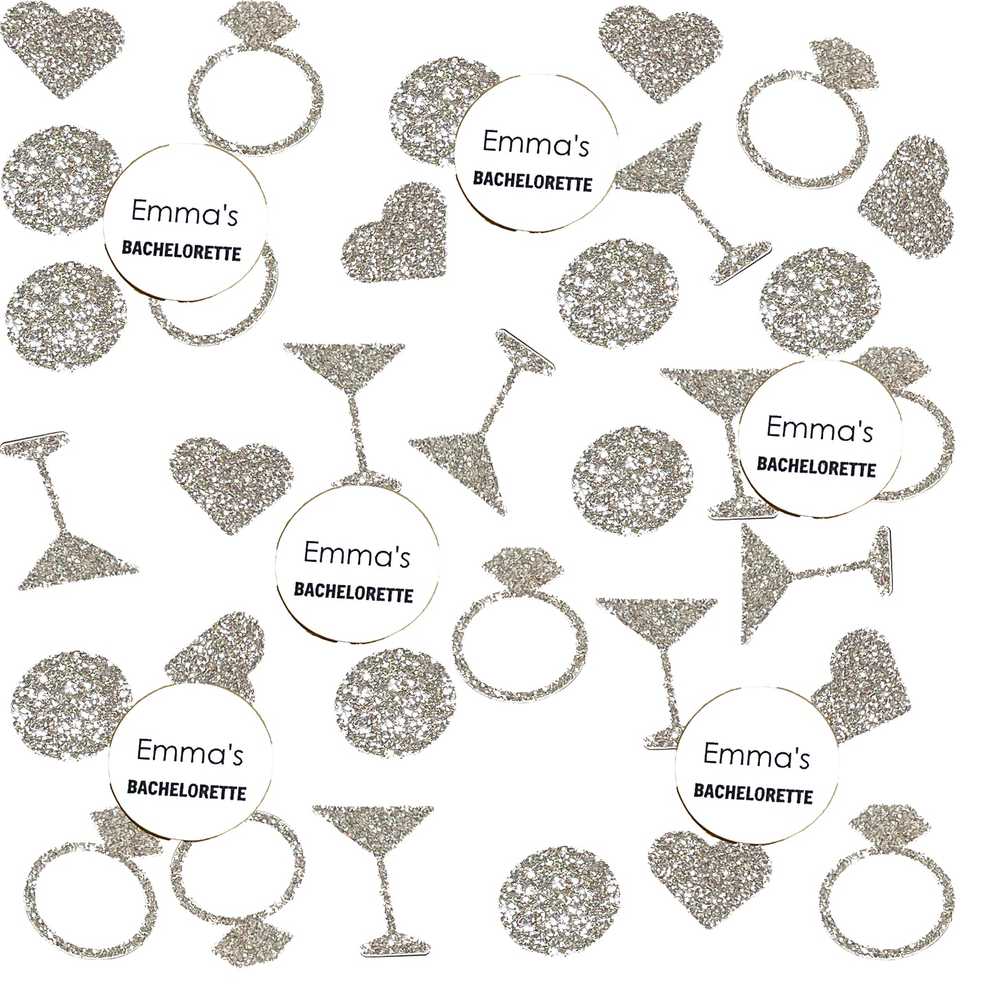 Custom Bachelorette Confetti Set with Glitter Rings, Hearts and Martinis. (More Colors)