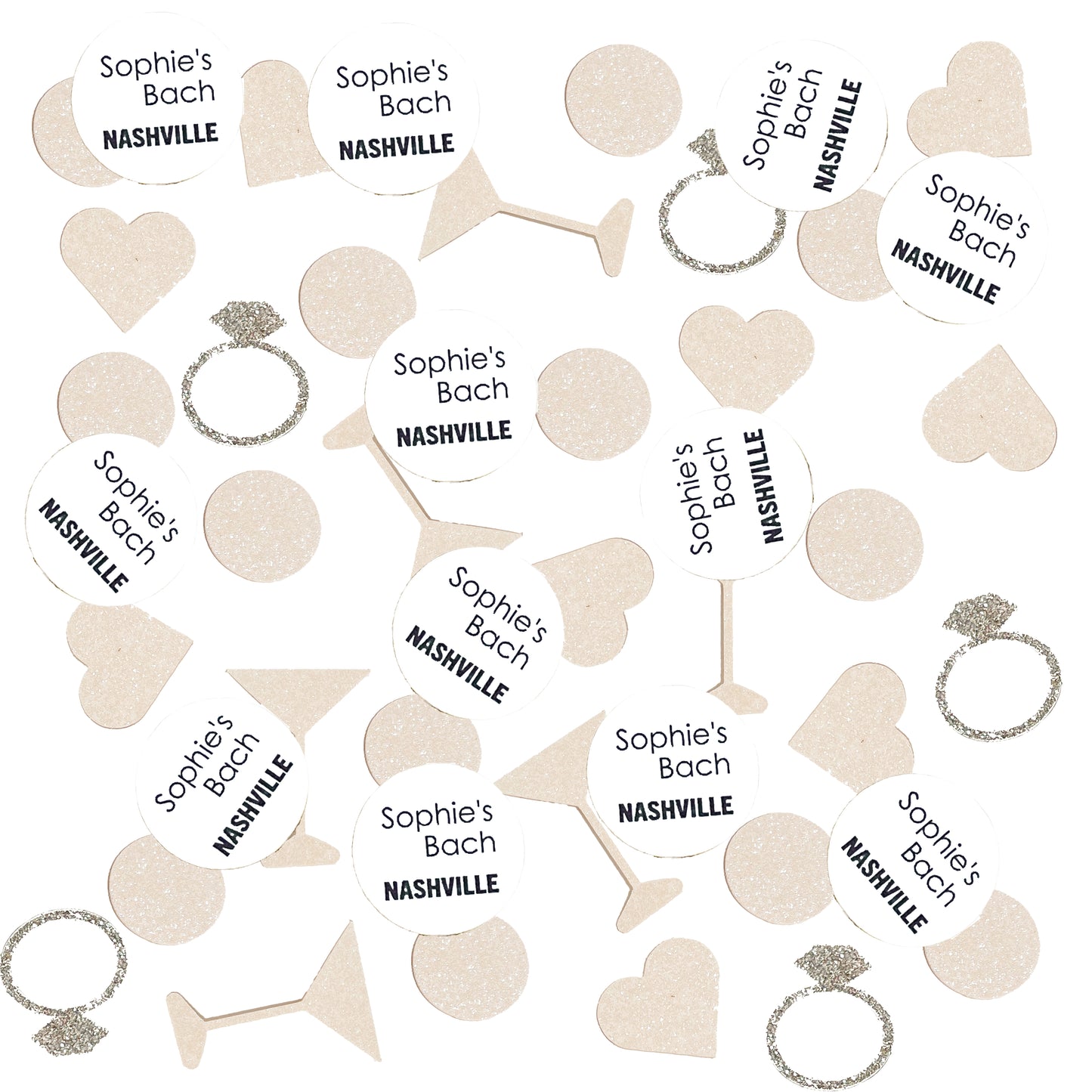 Custom Destination Bachelorette Confetti Set with Glitter Rings, Hearts and Martinis.(More Colors)