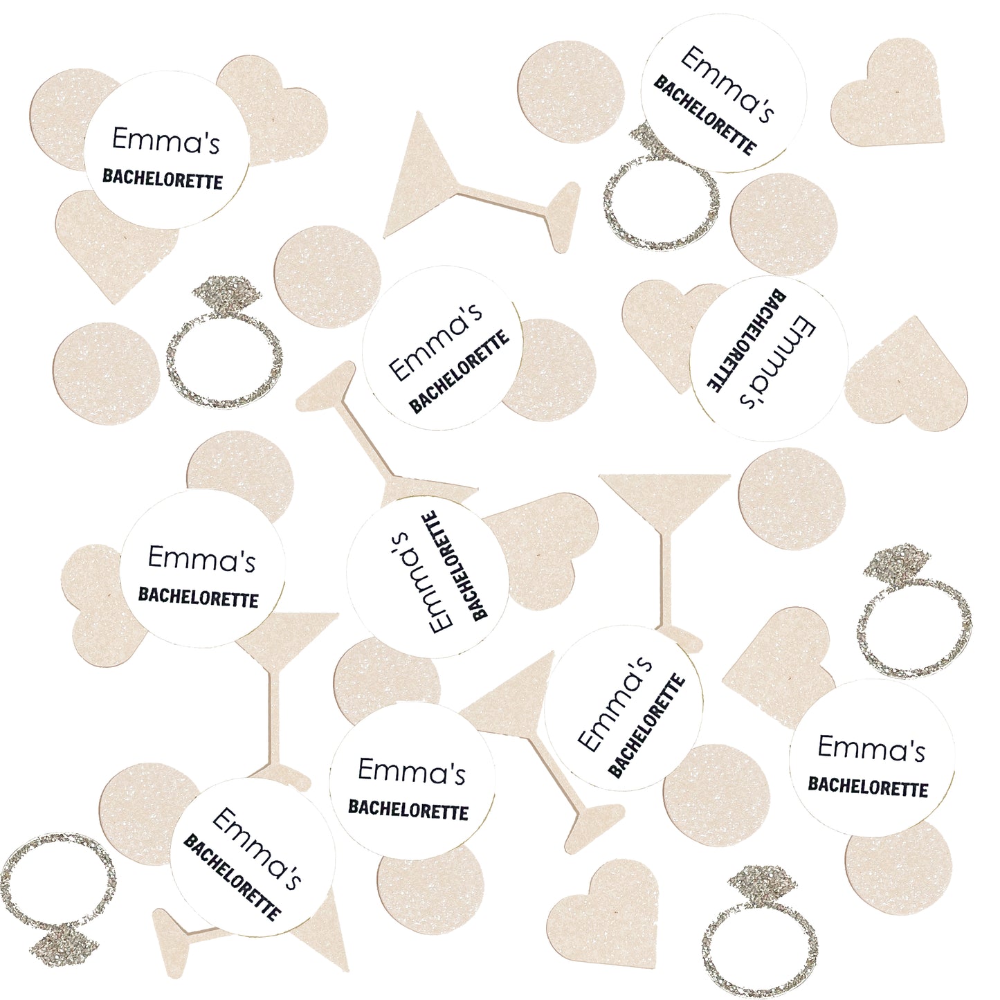 Personalized Bachelorette Confetti Set with Glitter Rings, Hearts and Martinis. (More Colors)