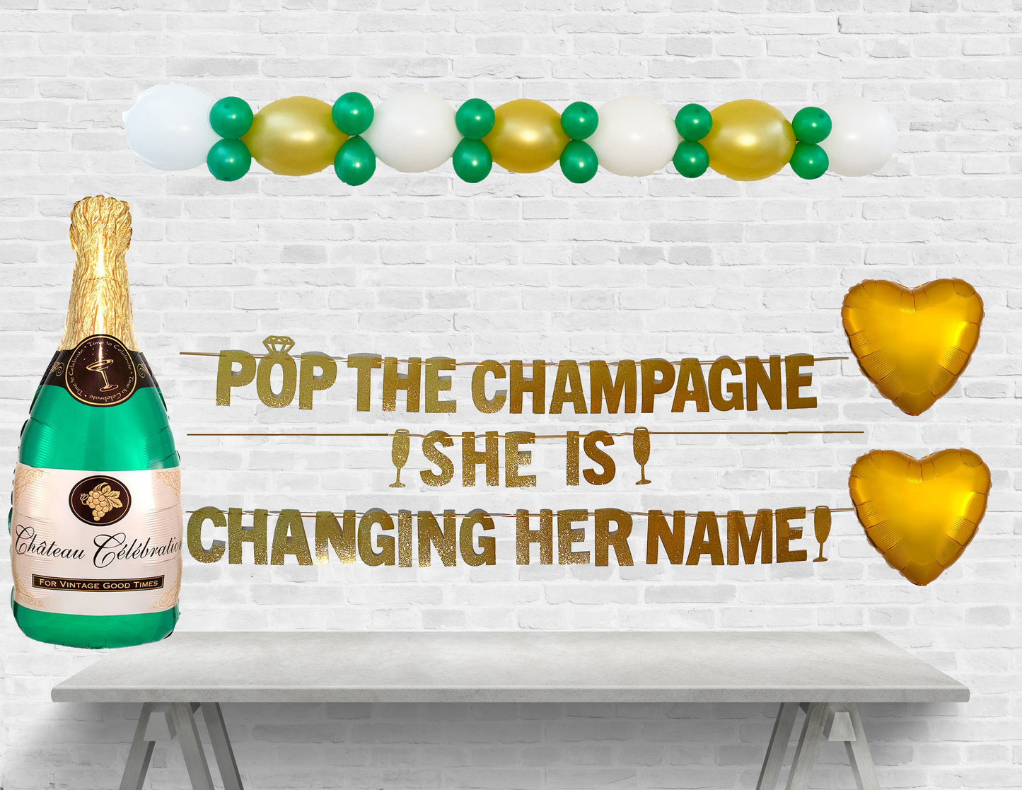 Champagne bottle with celebratory text and balloons on a white background