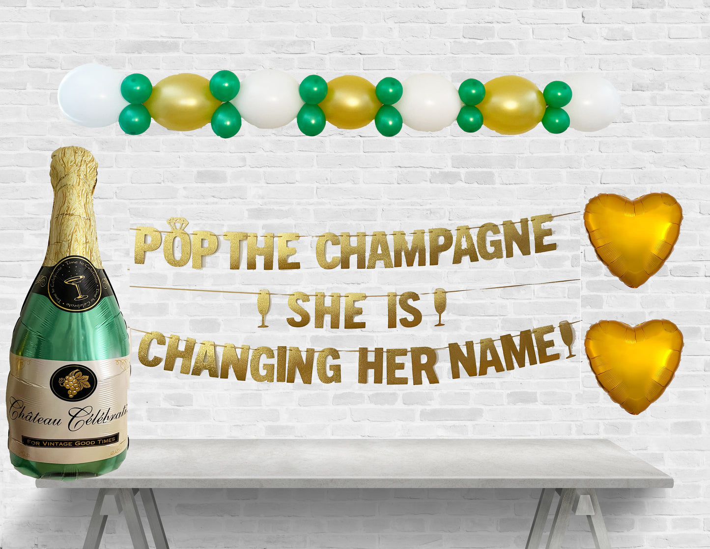 Pop The Champagne She Is Changing Her Name Banner, Balloon Set