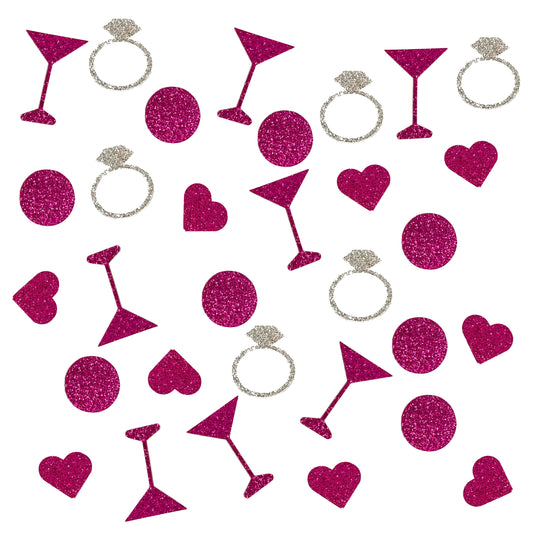 Pink and silver decorative confetti shapes on a white background