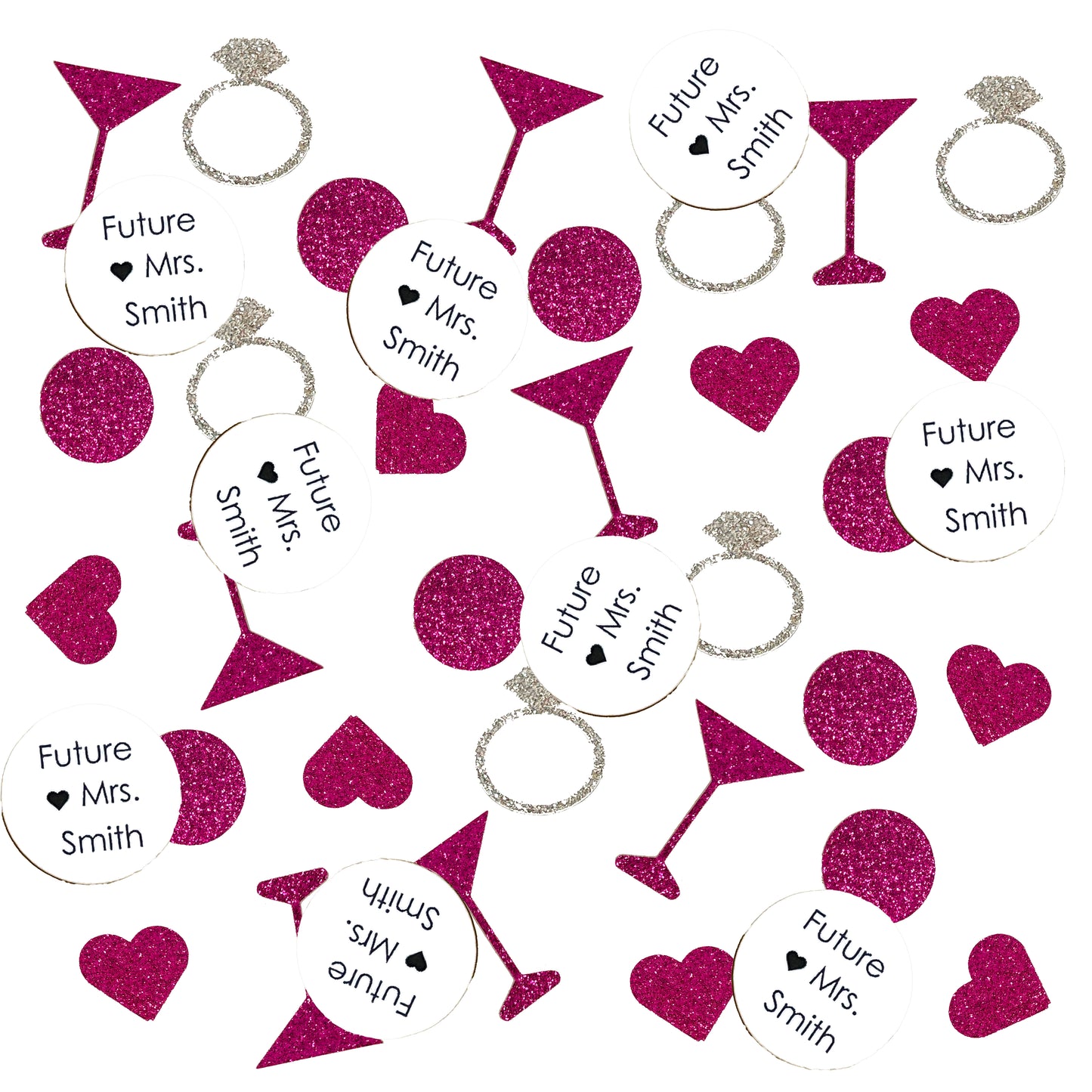 Custom Future Mrs. Confetti Set with Glitter Rings, Hearts and Martinis. (More Colors)