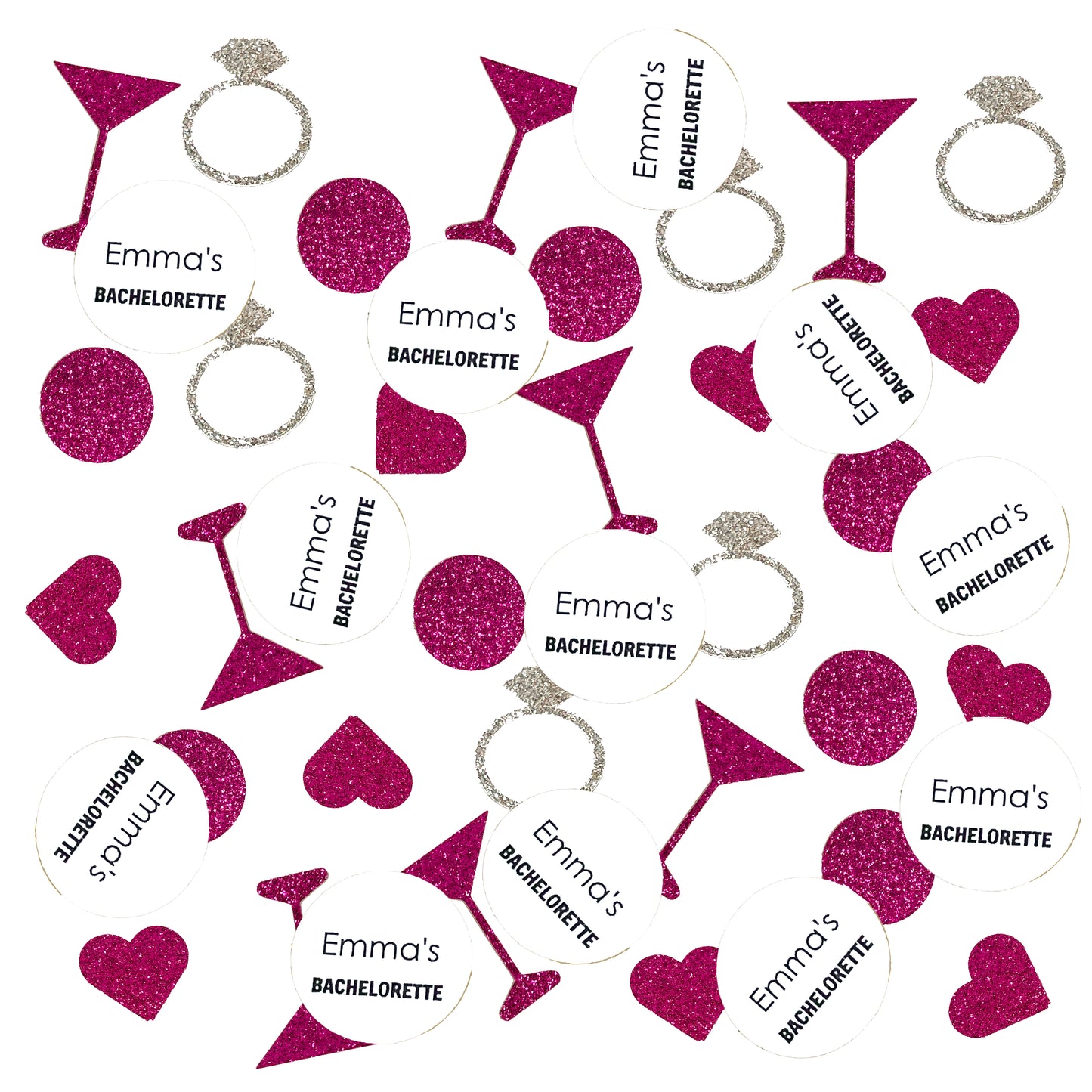 Personalized Bachelorette Confetti Set with Glitter Rings, Hearts and Martinis. (More Colors)