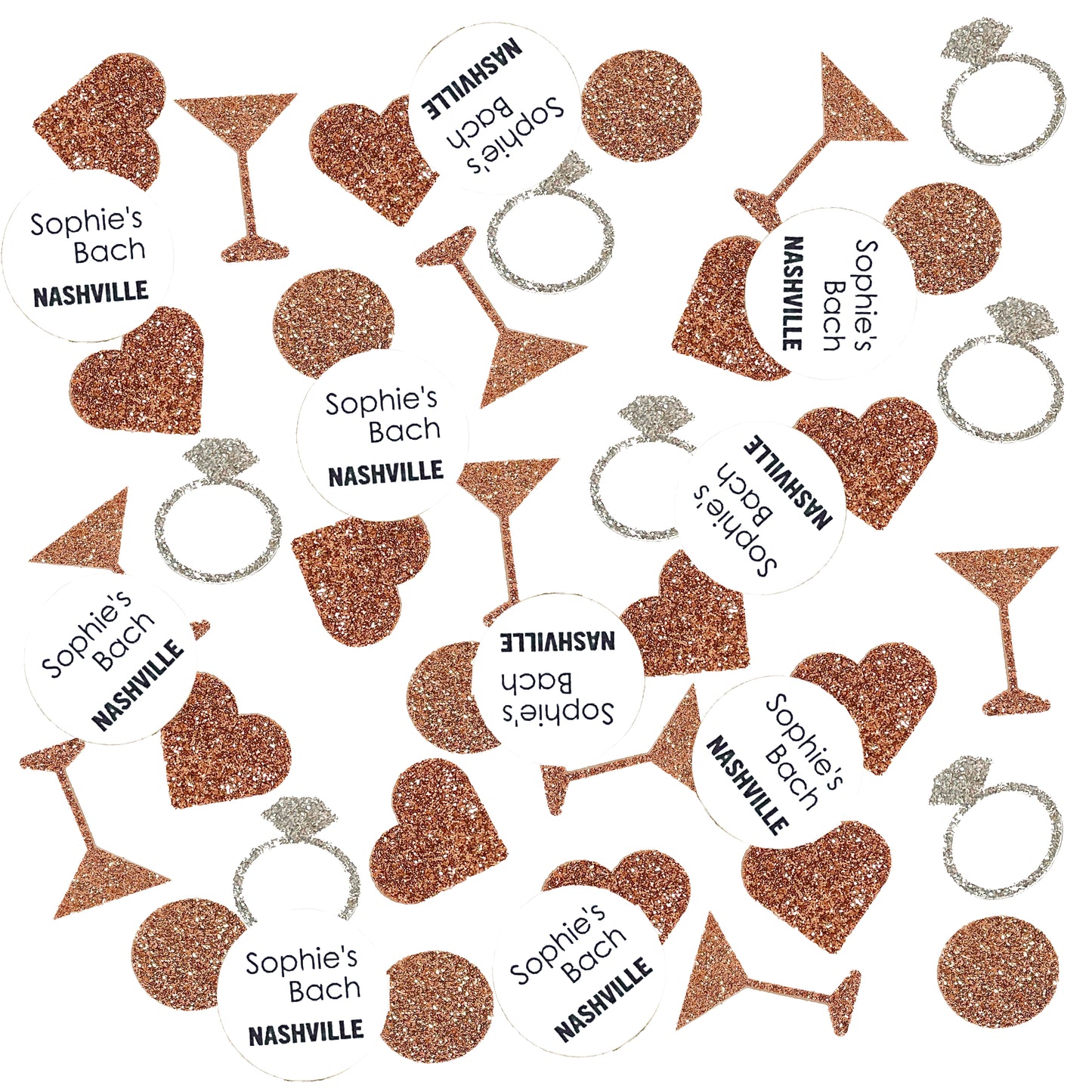 Custom Destination Bachelorette Confetti Set with Glitter Rings, Hearts and Martinis.(More Colors)
