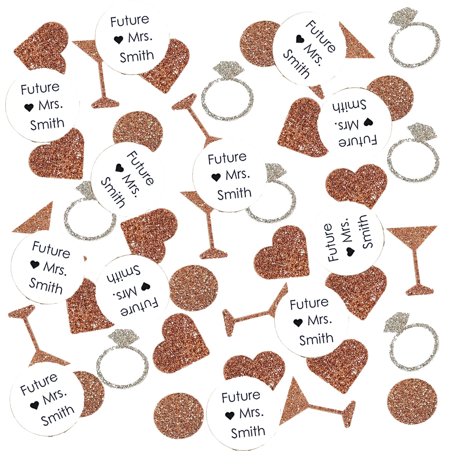 Custom Future Mrs. Confetti Set with Glitter Rings, Hearts and Martinis. (More Colors)